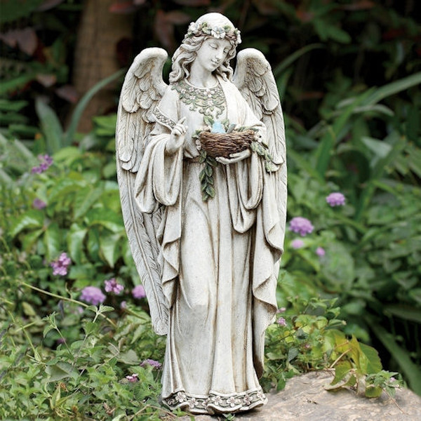 Sculptures of Angels Holding Birds Nest Garden Religious Statuary Art